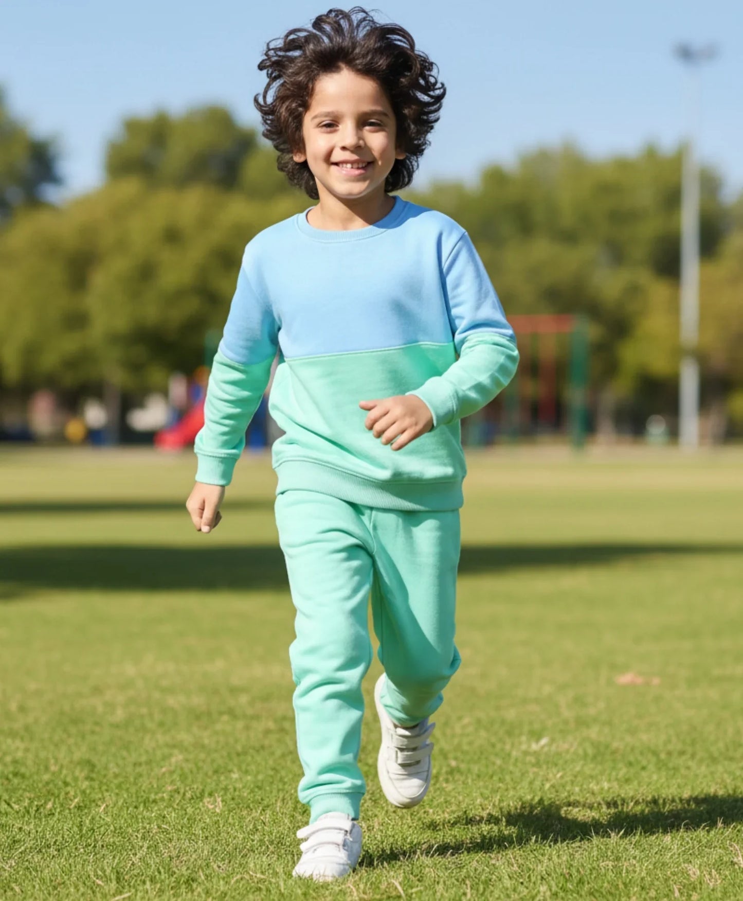 BLUE GREEN COLOR BLOCK FLEECE SWEATSHIRT JOGGER SET - BLUE/GREEN