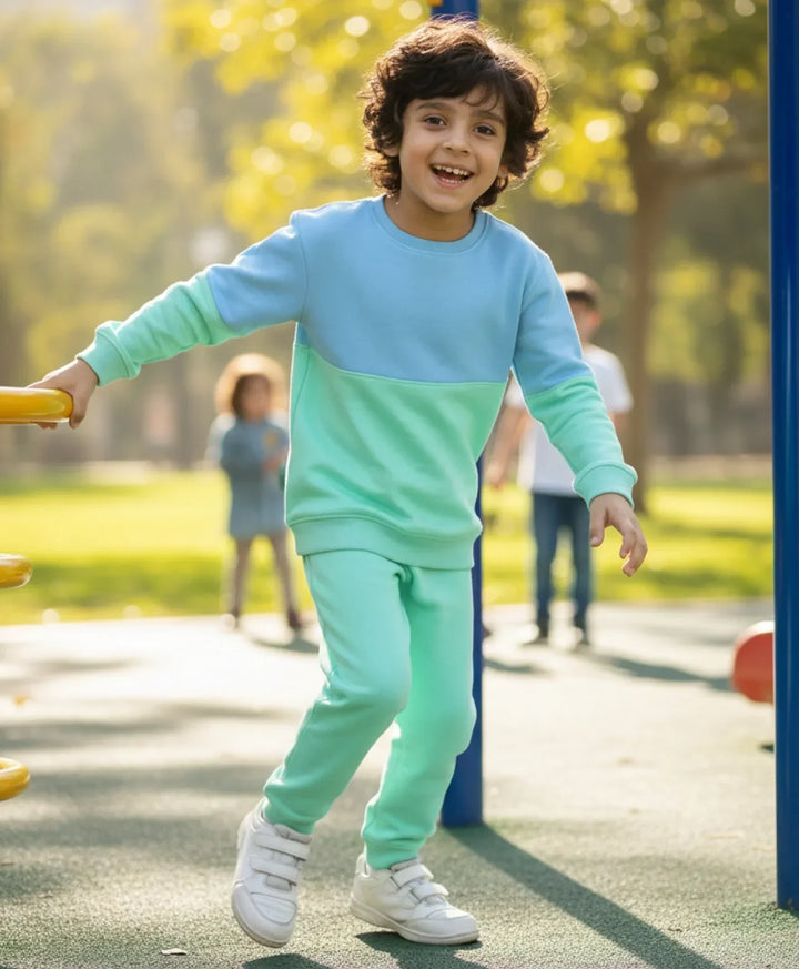 BLUE GREEN COLOR BLOCK FLEECE SWEATSHIRT JOGGER SET - BLUE/GREEN - Anthrilo 
