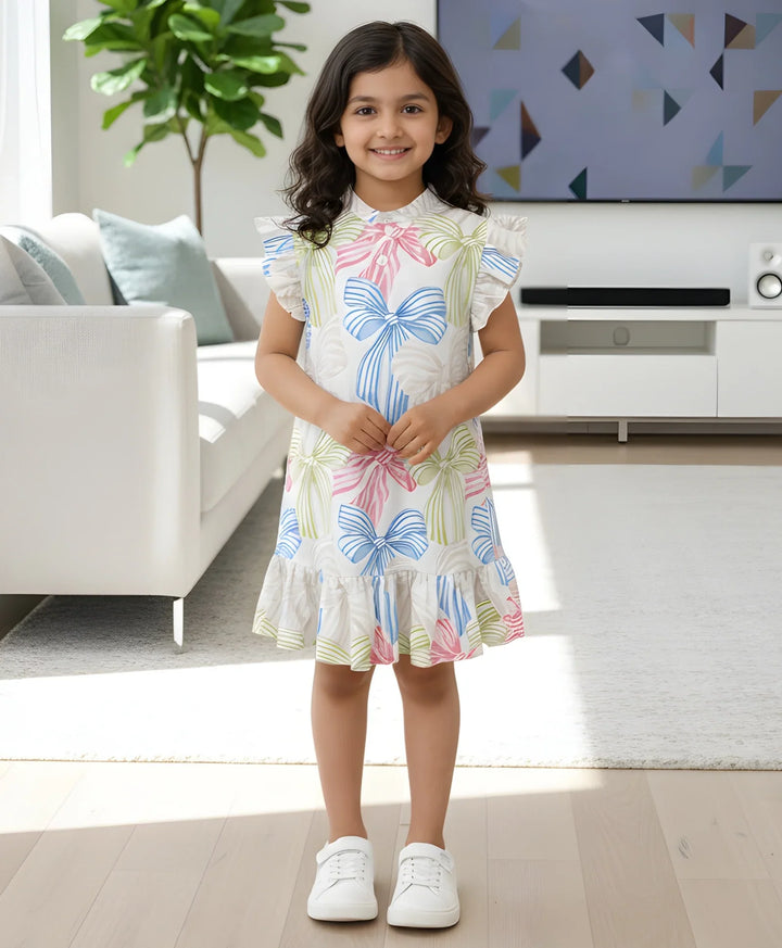 PAINTED BOW FRILL PARTY DRESS -OFF WHITE - Anthrilo 