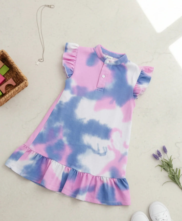 Blue Pink Tie Dye Frill Party Dress- Pink