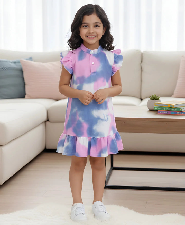 Blue Pink Tie Dye Frill Party Dress- Pink