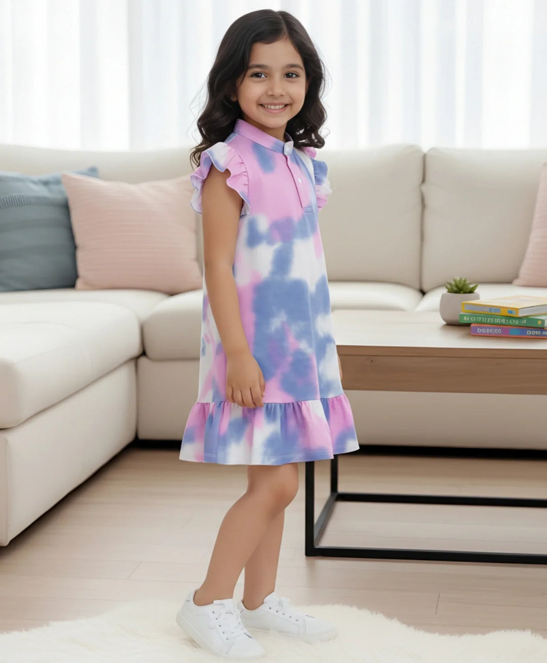 Blue Pink Tie Dye Frill Party Dress- Pink