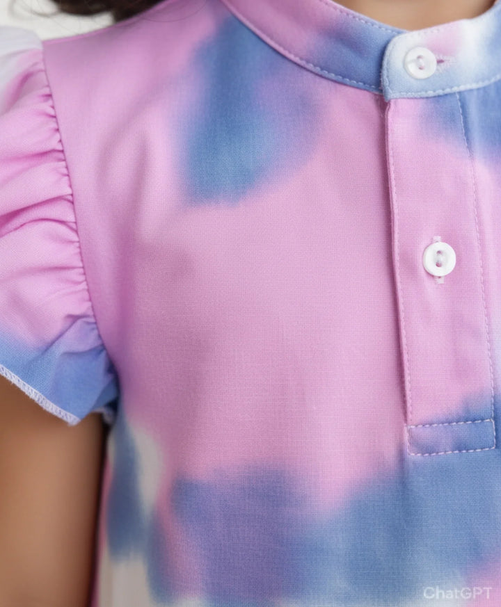 Blue Pink Tie Dye Frill Party Dress- Pink