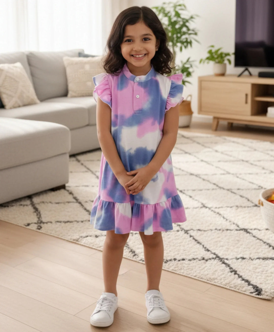 Blue Pink Tie Dye Frill Party Dress- Pink