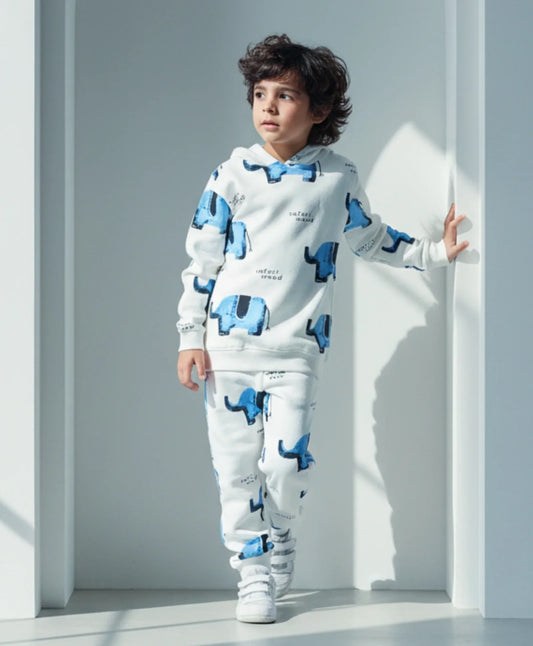 ELEPHANT SAFARI BOYS FLEECE HOODIE JOGGER SET - WHITE
