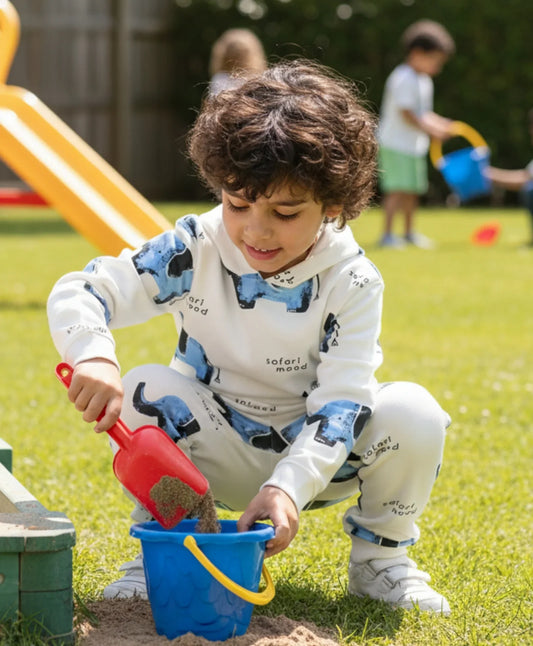 ELEPHANT SAFARI BOYS FLEECE HOODIE JOGGER SET - WHITE