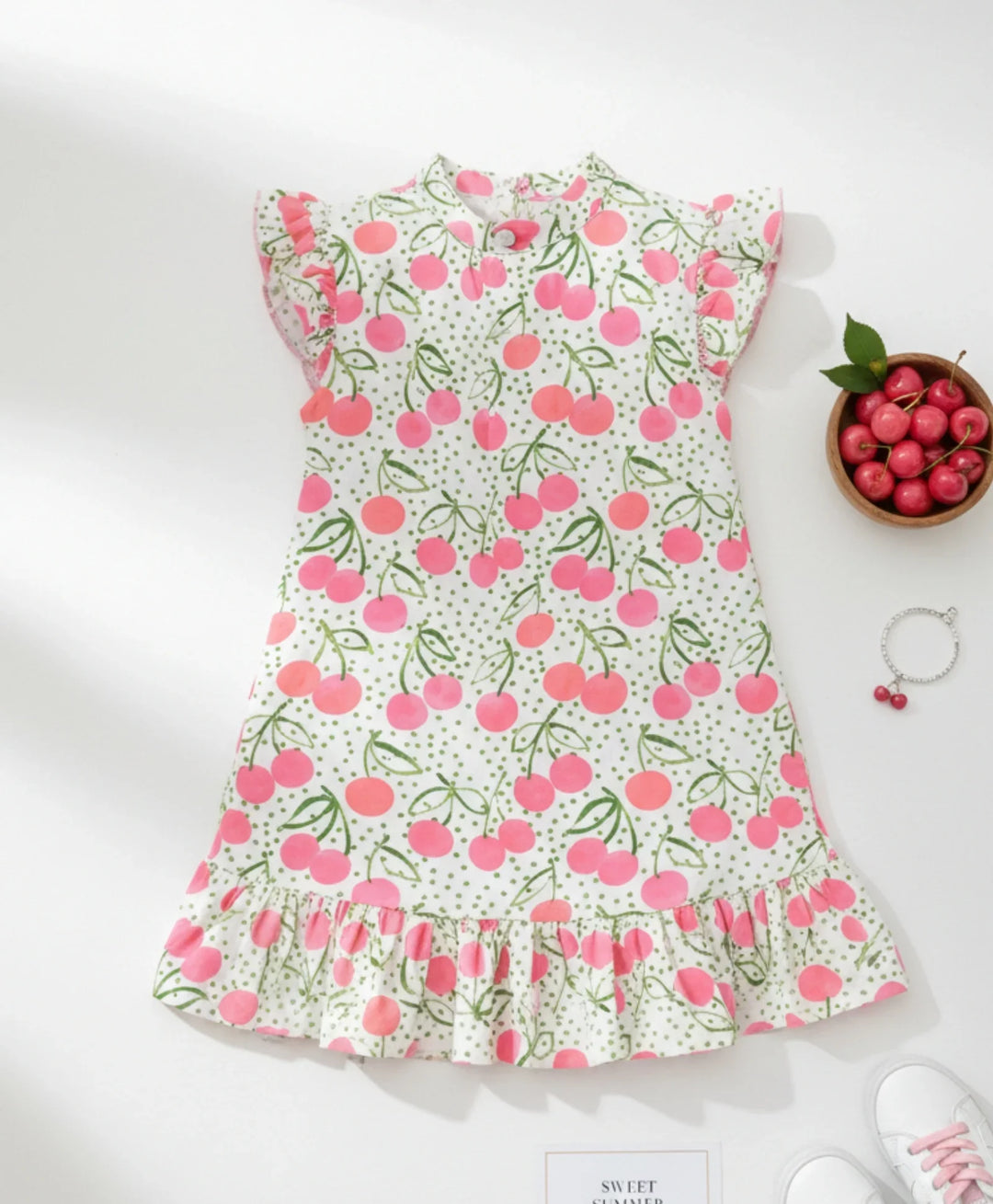 DOTTED CHERRY FRILL PARTY DRESS - OFF WHITE - Anthrilo 