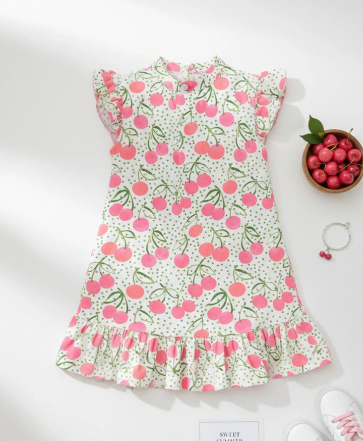 DOTTED CHERRY FRILL PARTY DRESS - OFF WHITE - Anthrilo 