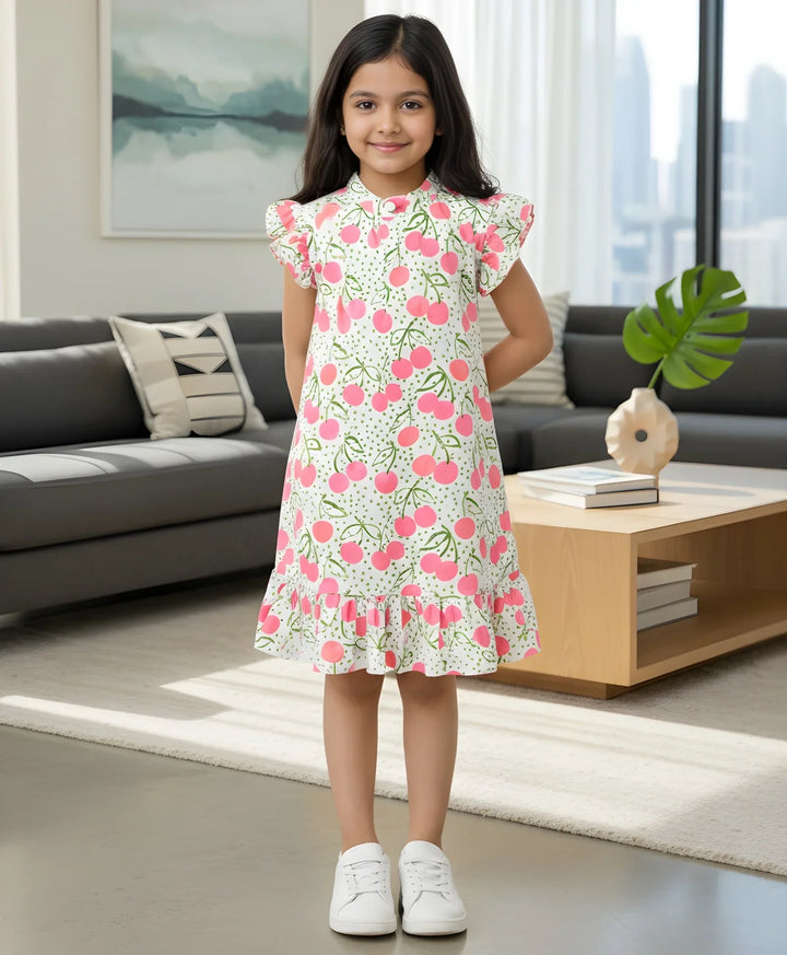 DOTTED CHERRY FRILL PARTY DRESS - OFF WHITE - Anthrilo 