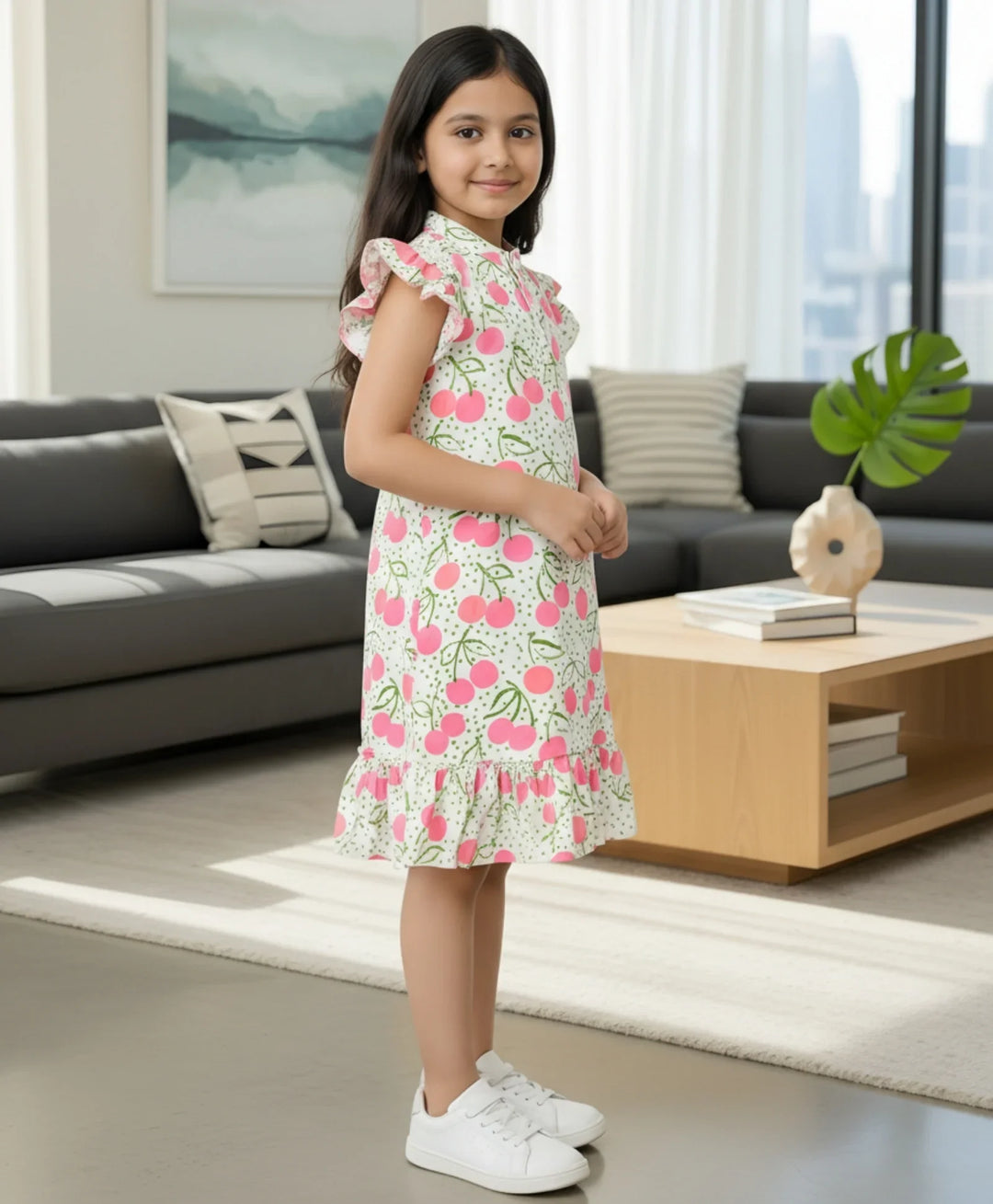 DOTTED CHERRY FRILL PARTY DRESS - OFF WHITE - Anthrilo 
