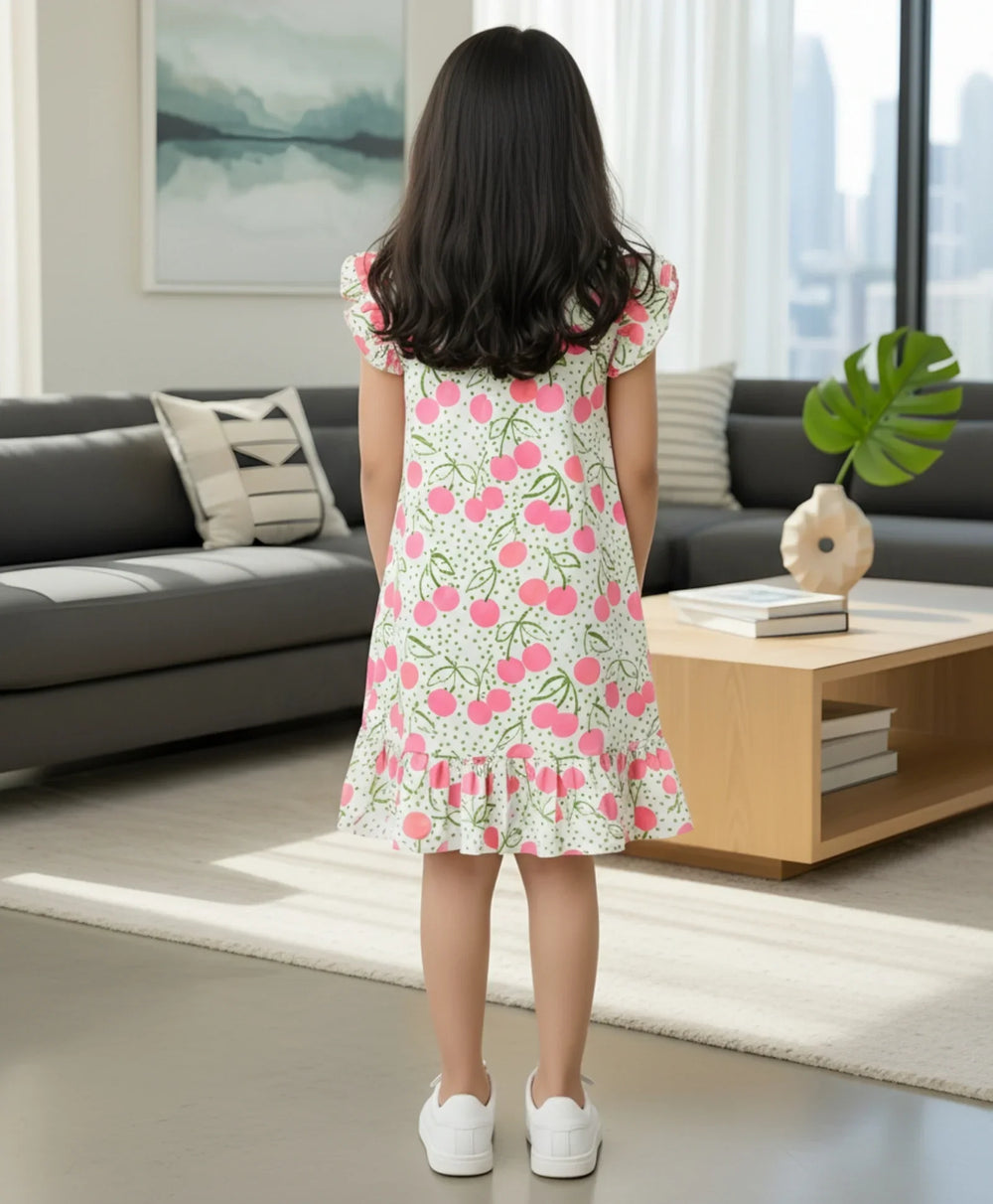 DOTTED CHERRY FRILL PARTY DRESS - OFF WHITE - Anthrilo 