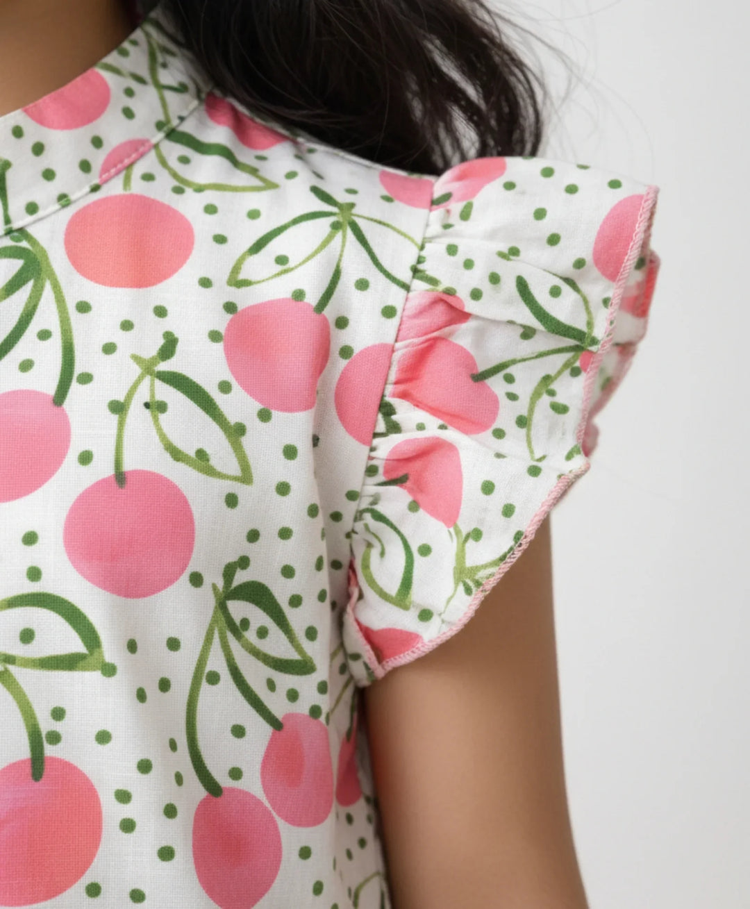 DOTTED CHERRY FRILL PARTY DRESS - OFF WHITE - Anthrilo 