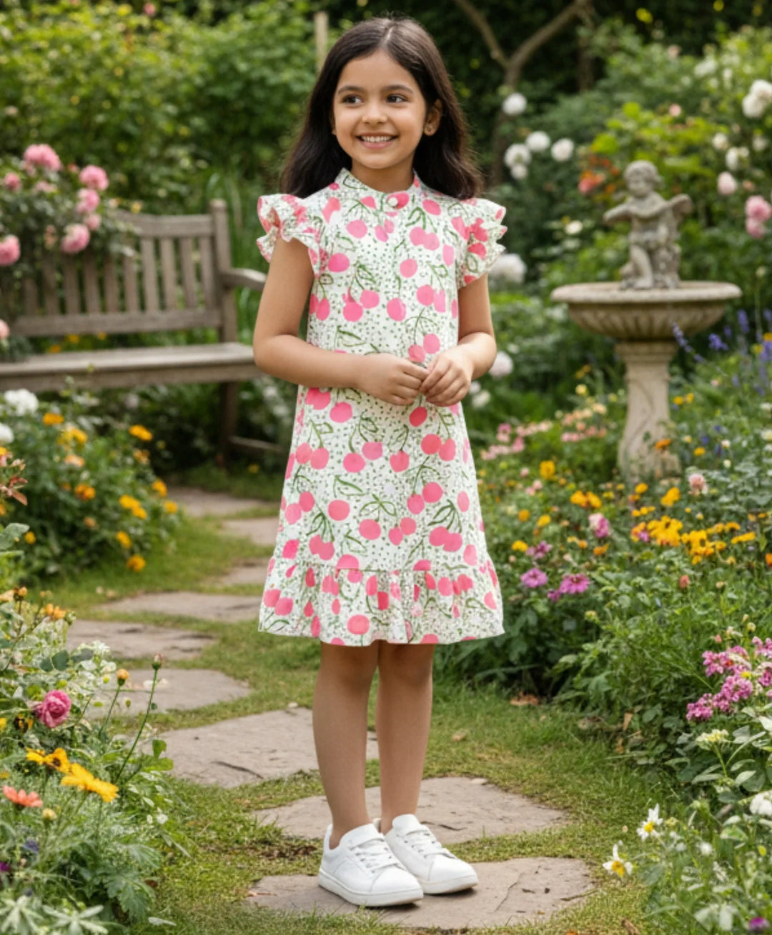 DOTTED CHERRY FRILL PARTY DRESS - OFF WHITE - Anthrilo 