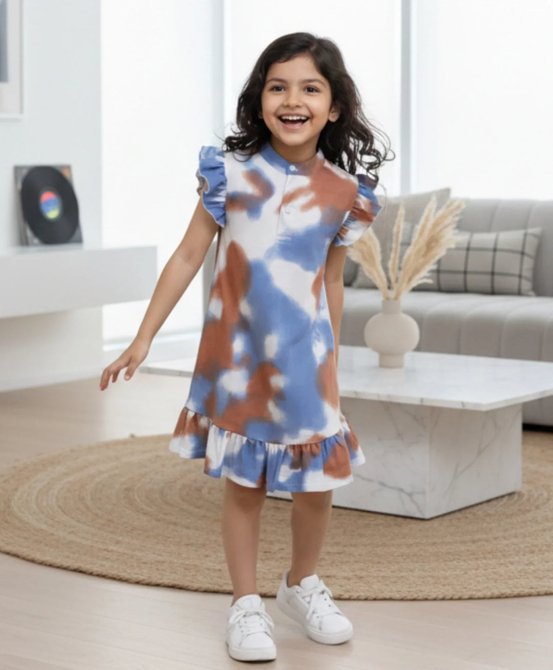BLUE BROWN TIE DYE FRILL PARTY DRESS - BLUE - Anthrilo 