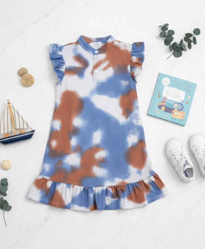 BLUE BROWN TIE DYE FRILL PARTY DRESS - BLUE - Anthrilo 