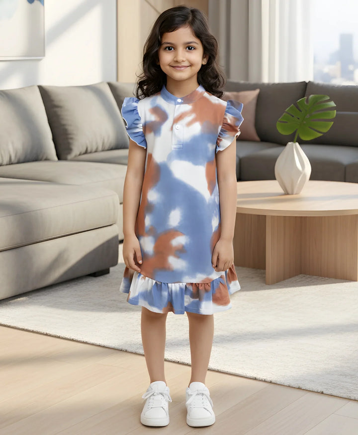 BLUE BROWN TIE DYE FRILL PARTY DRESS - BLUE - Anthrilo 