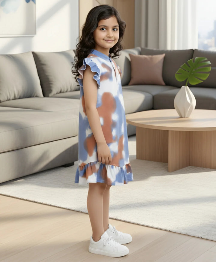 BLUE BROWN TIE DYE FRILL PARTY DRESS - BLUE - Anthrilo 