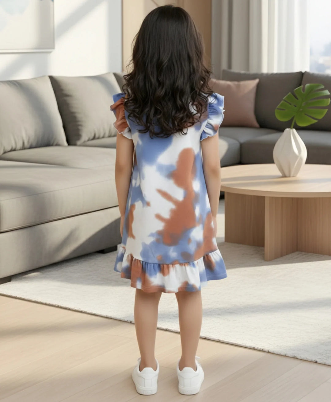 BLUE BROWN TIE DYE FRILL PARTY DRESS - BLUE - Anthrilo 