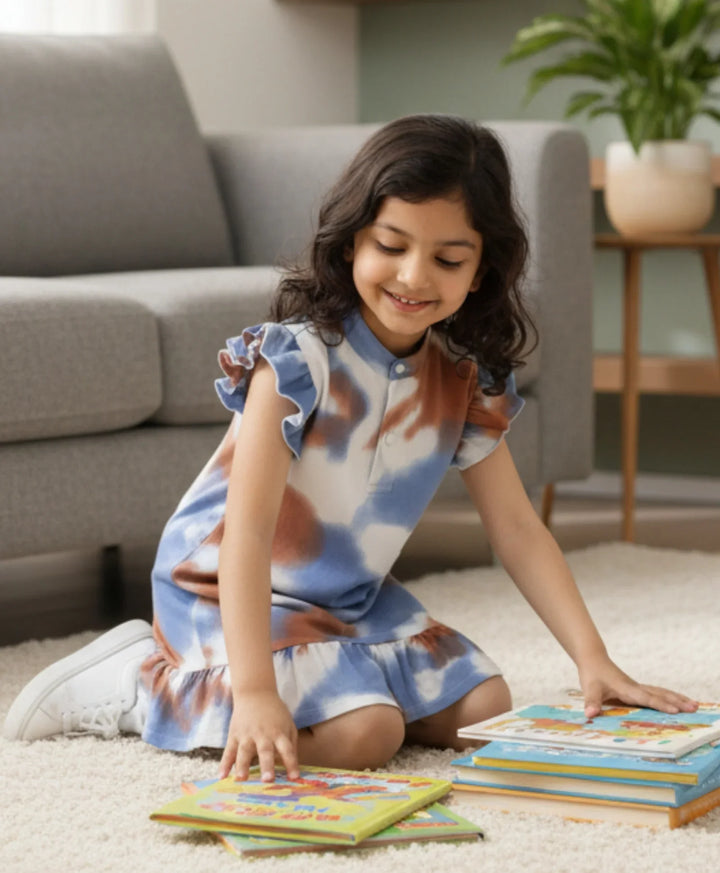 BLUE BROWN TIE DYE FRILL PARTY DRESS - BLUE - Anthrilo 
