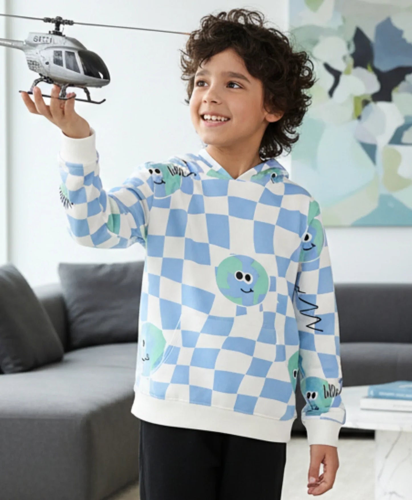 GLOBE CHECK BOYS FLEECE HOODIE - BLUE