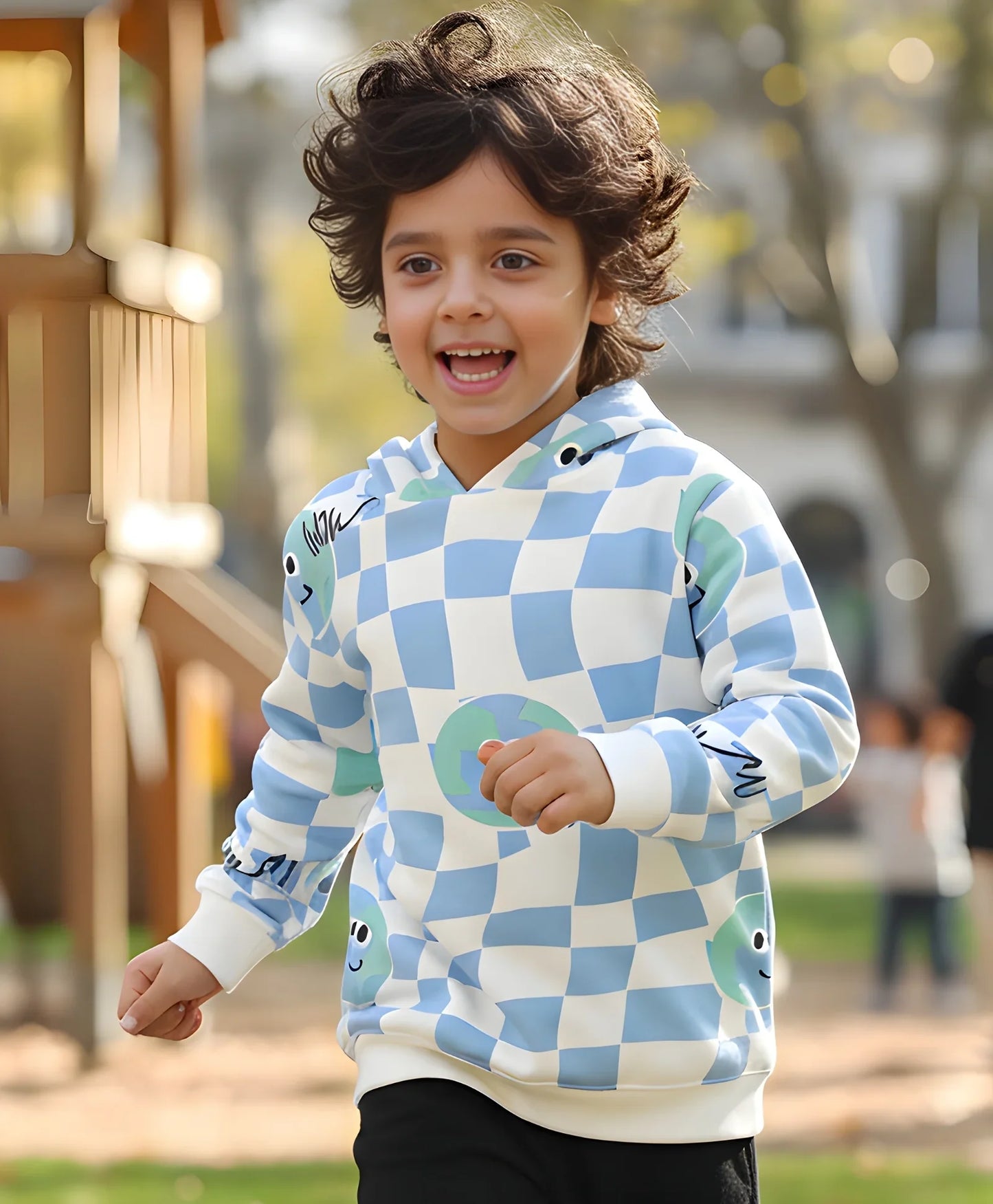 GLOBE CHECK BOYS FLEECE HOODIE - BLUE