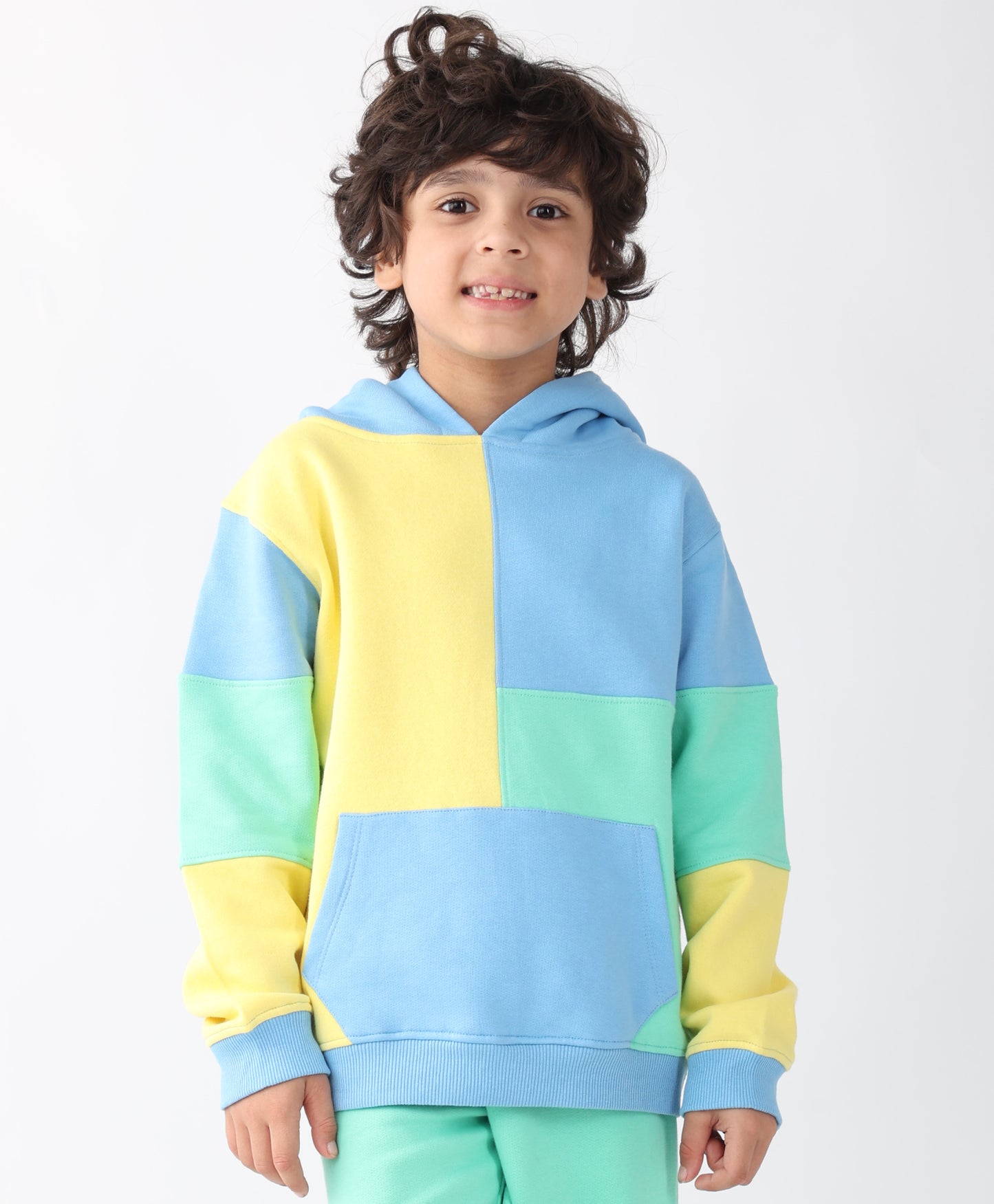YELLOW SEA GREEN BLUE COLOR BLOCK HOODIE - YELLOW SEA GREEN BLUE