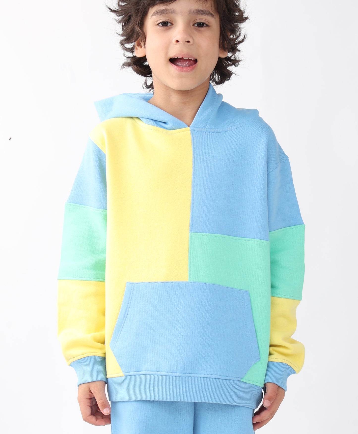 YELLOW SEA GREEN BLUE COLOR BLOCK HOODIE - YELLOW SEA GREEN BLUE