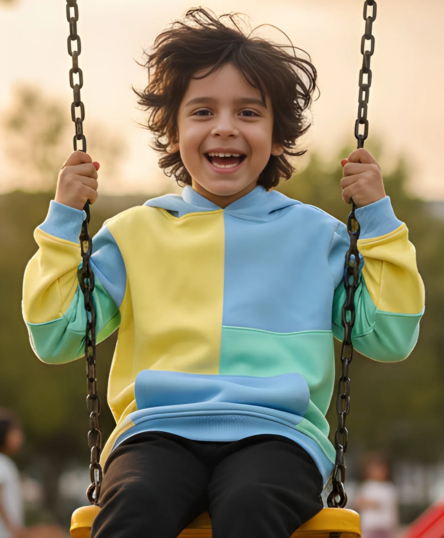 YELLOW SEA GREEN BLUE COLOR BLOCK HOODIE - YELLOW SEA GREEN BLUE