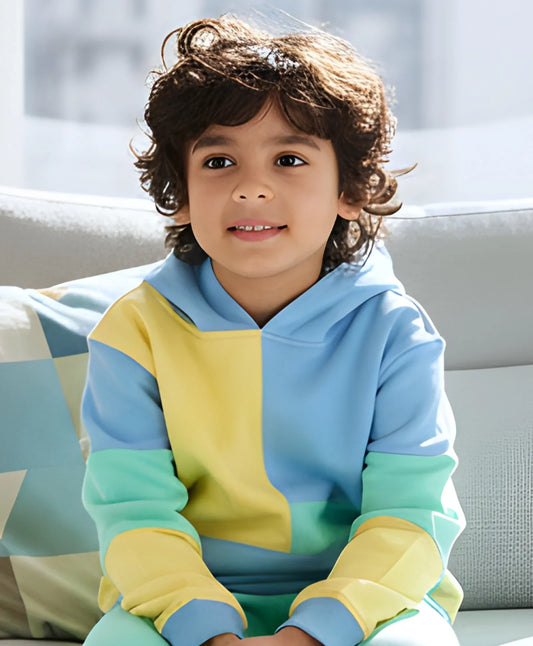 YELLOW SEA GREEN BLUE COLOR BLOCK HOODIE - YELLOW SEA GREEN BLUE