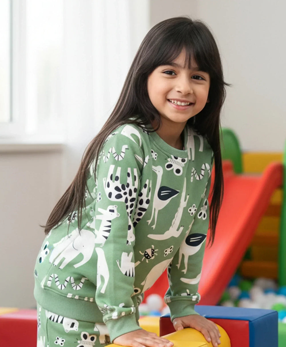 ANIMAL GREEN FLEECE GIRLS SWEATSHIRT - GREEN - Anthrilo 