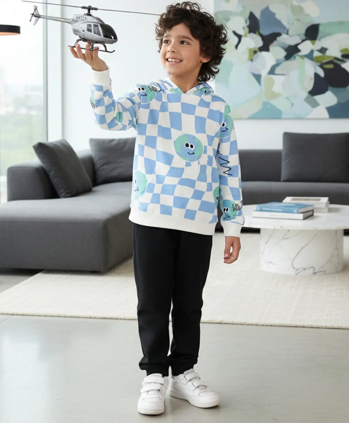 GLOBE CHECK FLEECE BOYS HOODIE BLACK JOGGER SET - OFF WHITE/BLACK - Anthrilo 