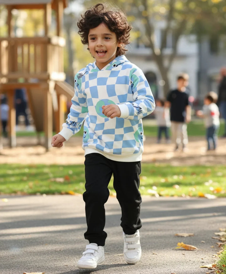 GLOBE CHECK FLEECE BOYS HOODIE BLACK JOGGER SET - OFF WHITE/BLACK - Anthrilo 