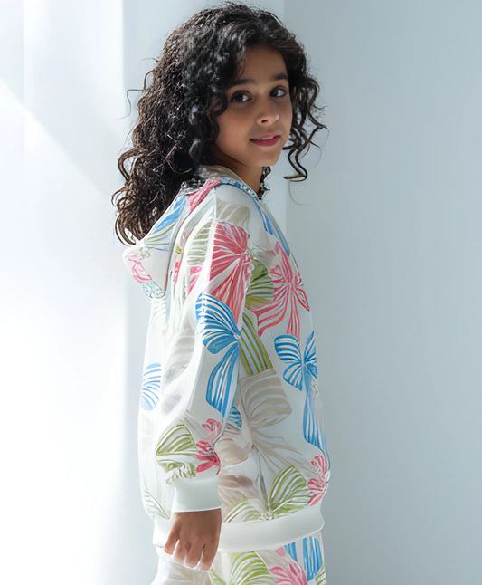 PAINTED BOW GIRLS FLEECE HOODIE  - WHITE
