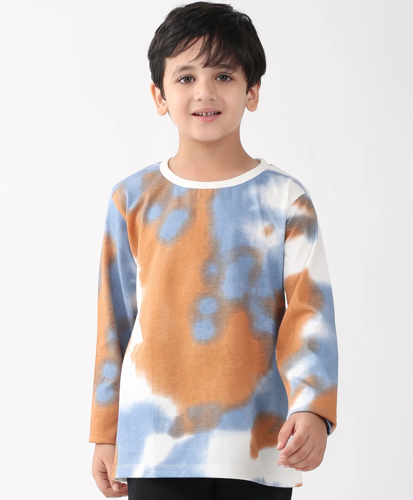 BLUE BROWN TIE DYE LONG SLEEVE BOYS T-SHIRT -BROWN