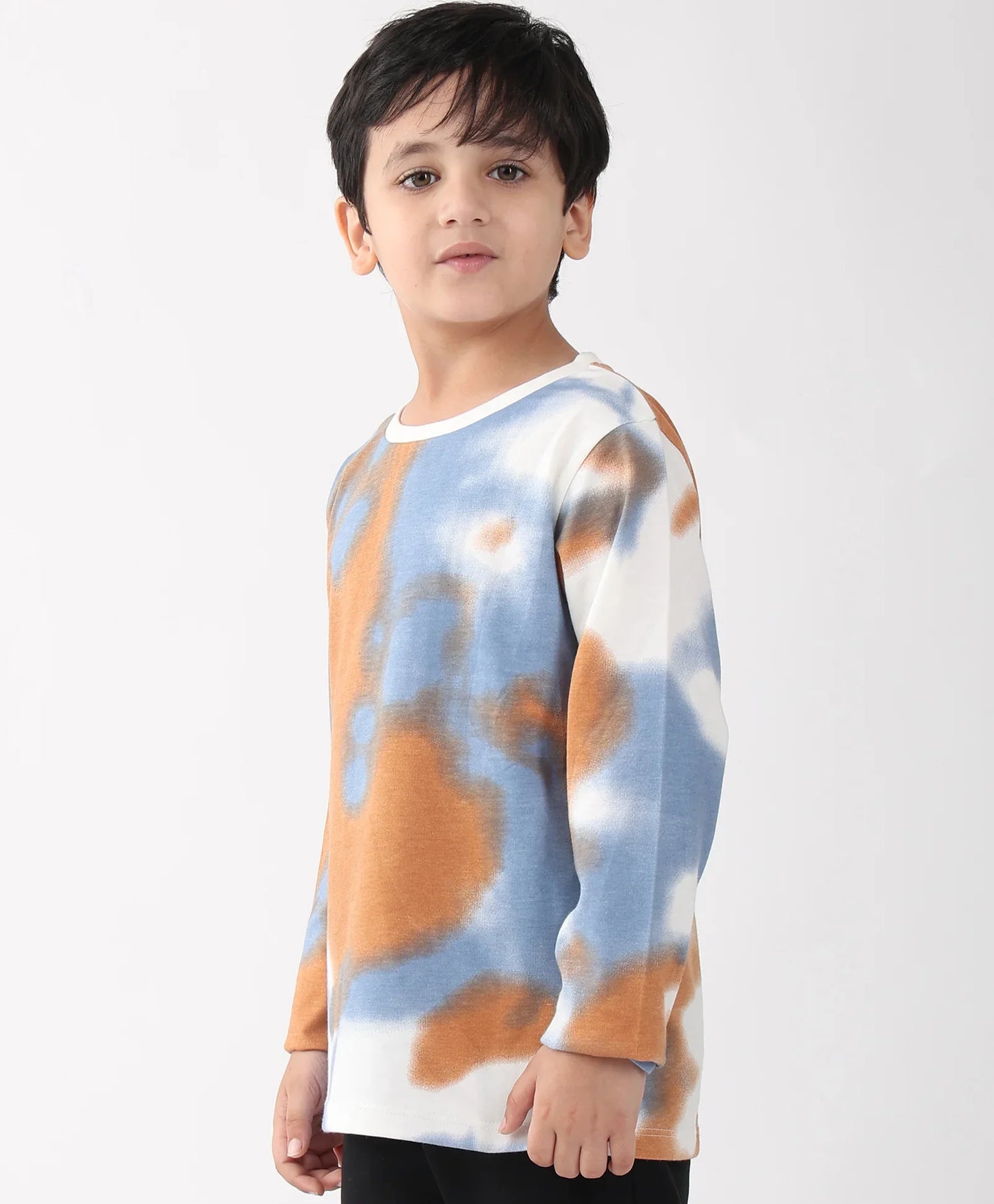 BLUE BROWN TIE DYE LONG SLEEVE BOYS T-SHIRT -BROWN