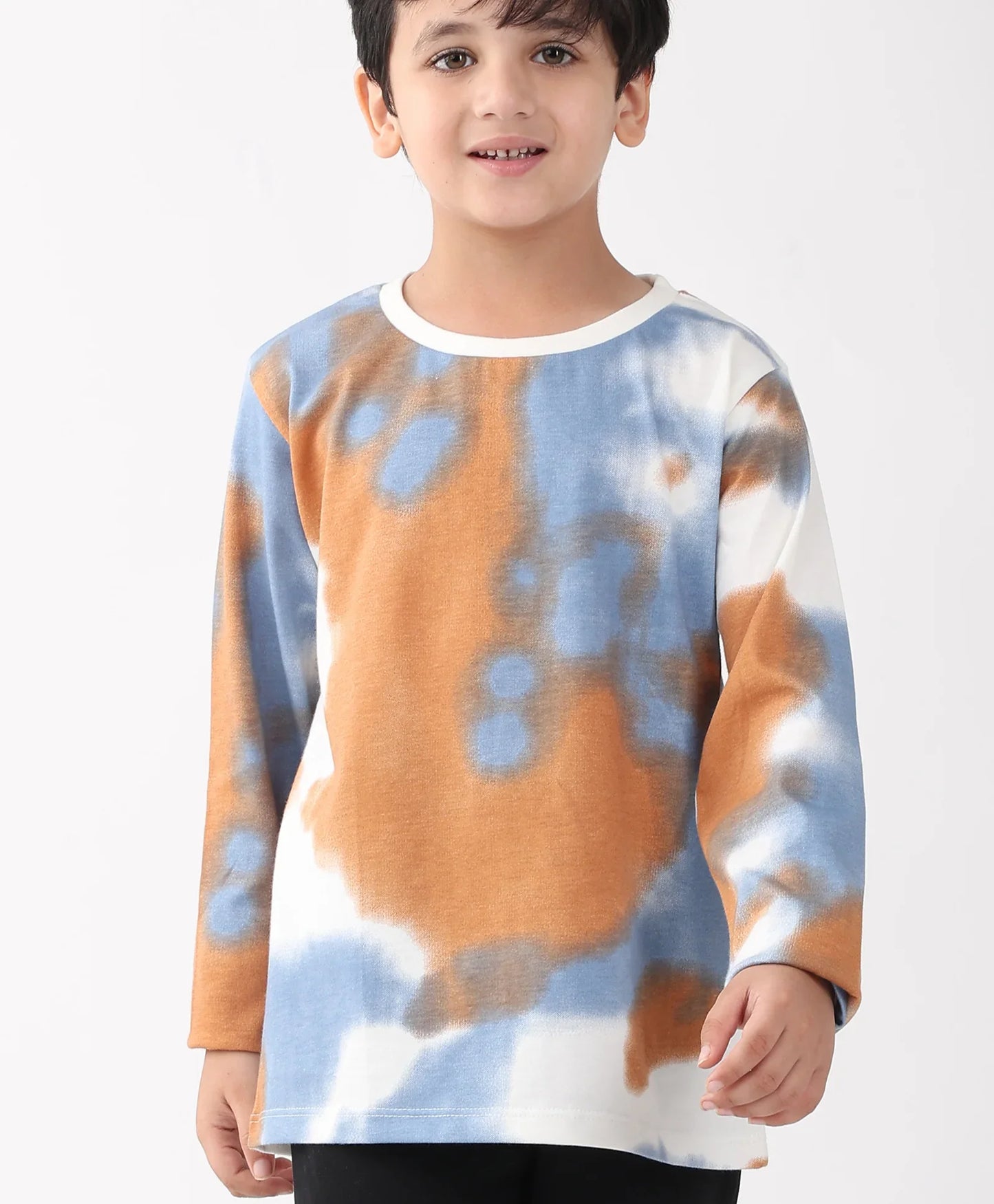BLUE BROWN TIE DYE LONG SLEEVE BOYS T-SHIRT -BROWN