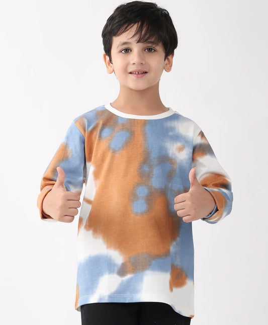 BLUE BROWN TIE DYE LONG SLEEVE BOYS T-SHIRT -BROWN