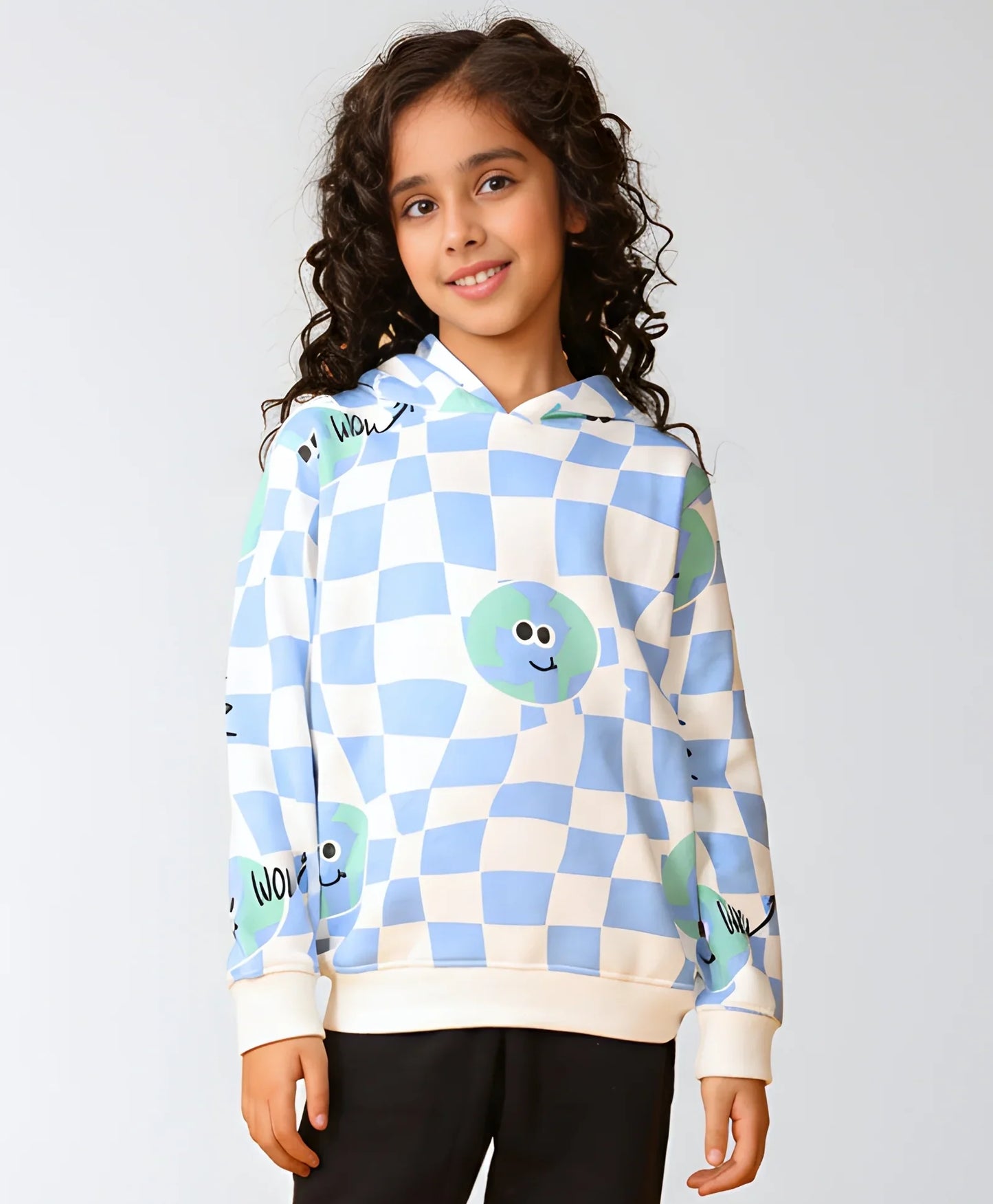 GLOBE CHECK GIRLS FLEECE HOODIE - BLUE
