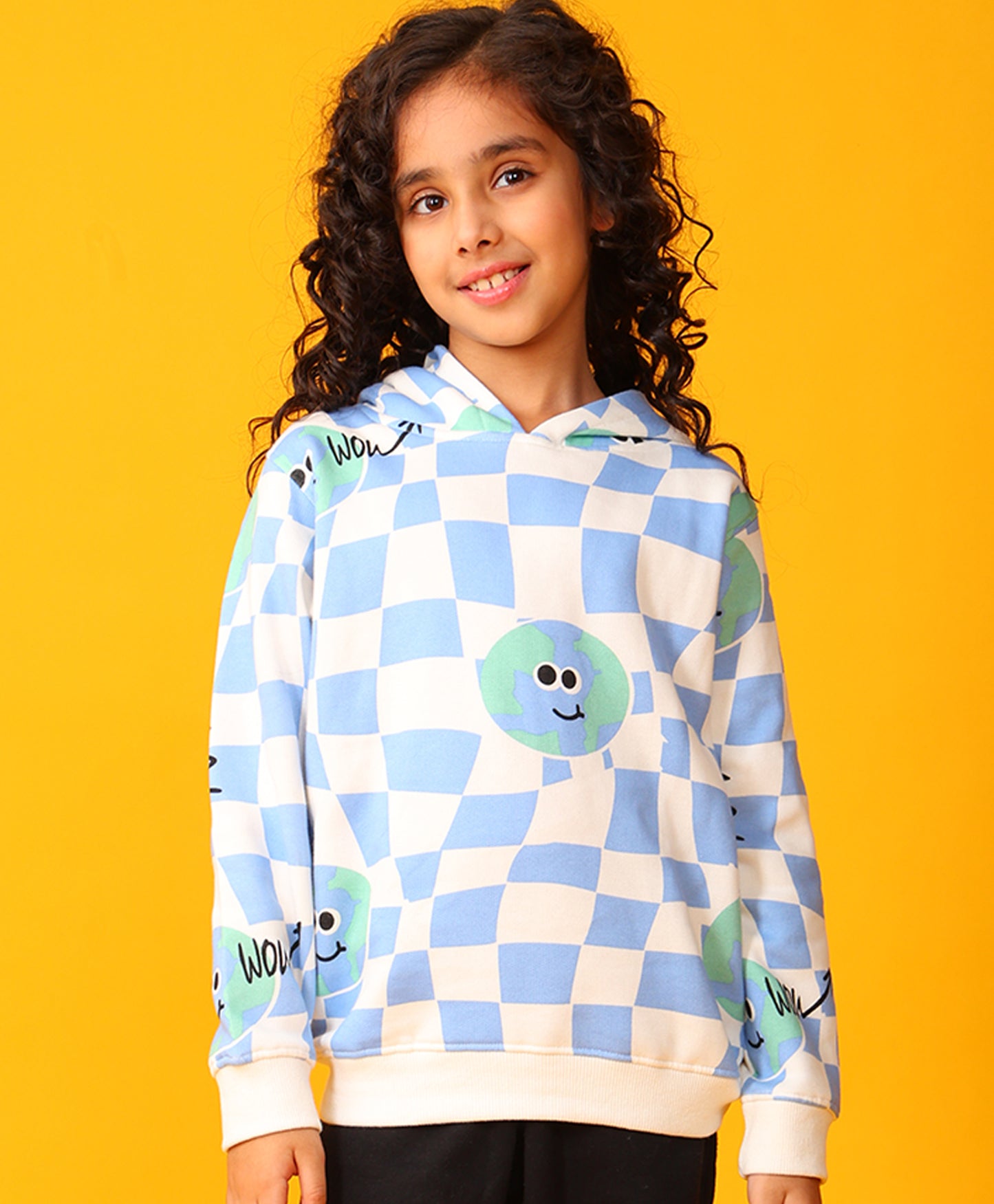 GLOBE CHECK GIRLS FLEECE HOODIE - BLUE