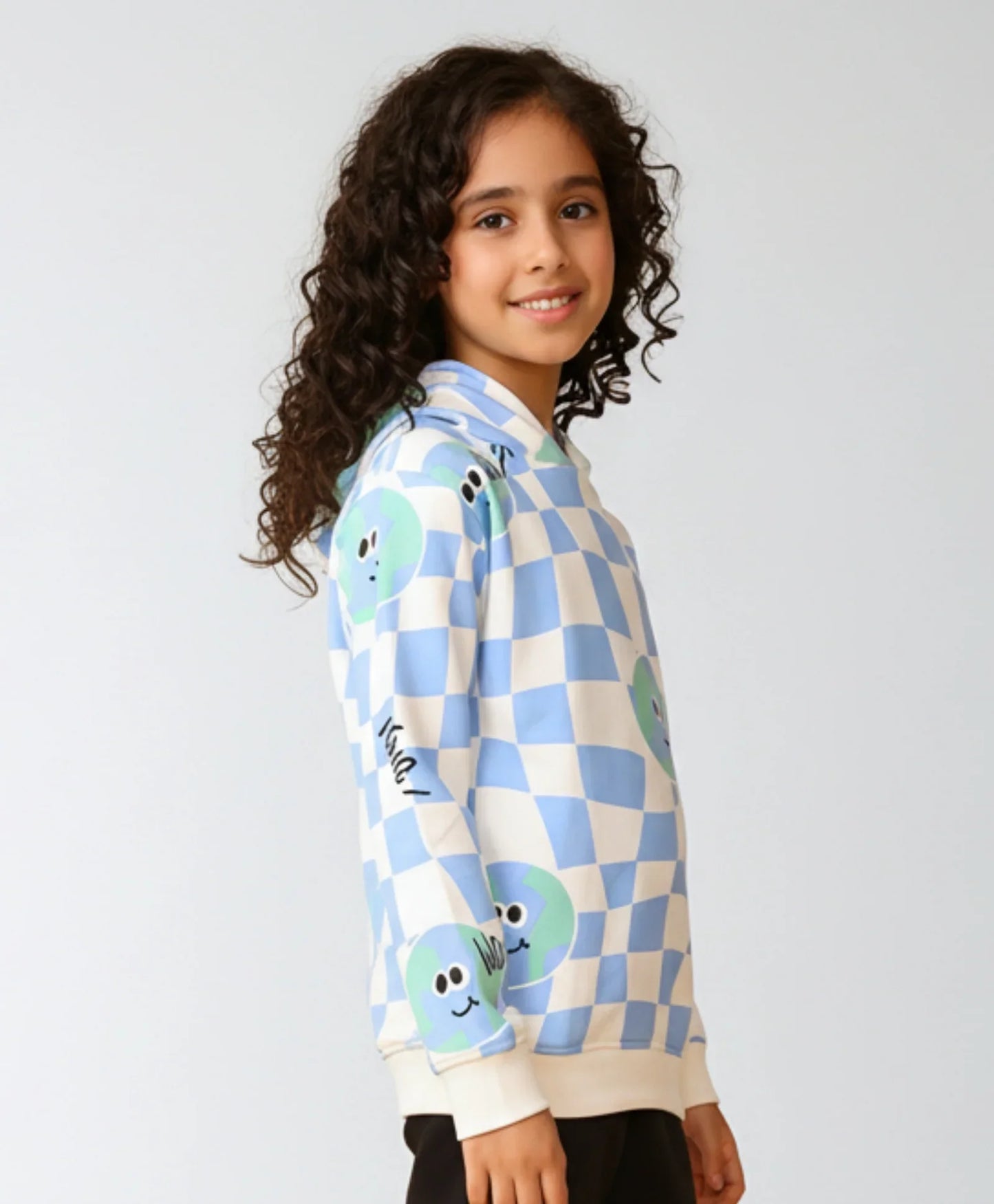 GLOBE CHECK GIRLS FLEECE HOODIE - BLUE