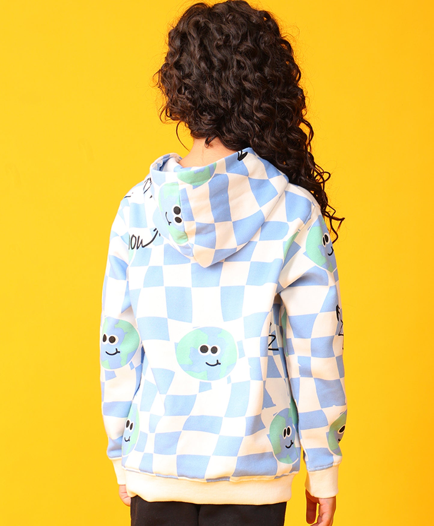 GLOBE CHECK GIRLS FLEECE HOODIE - BLUE
