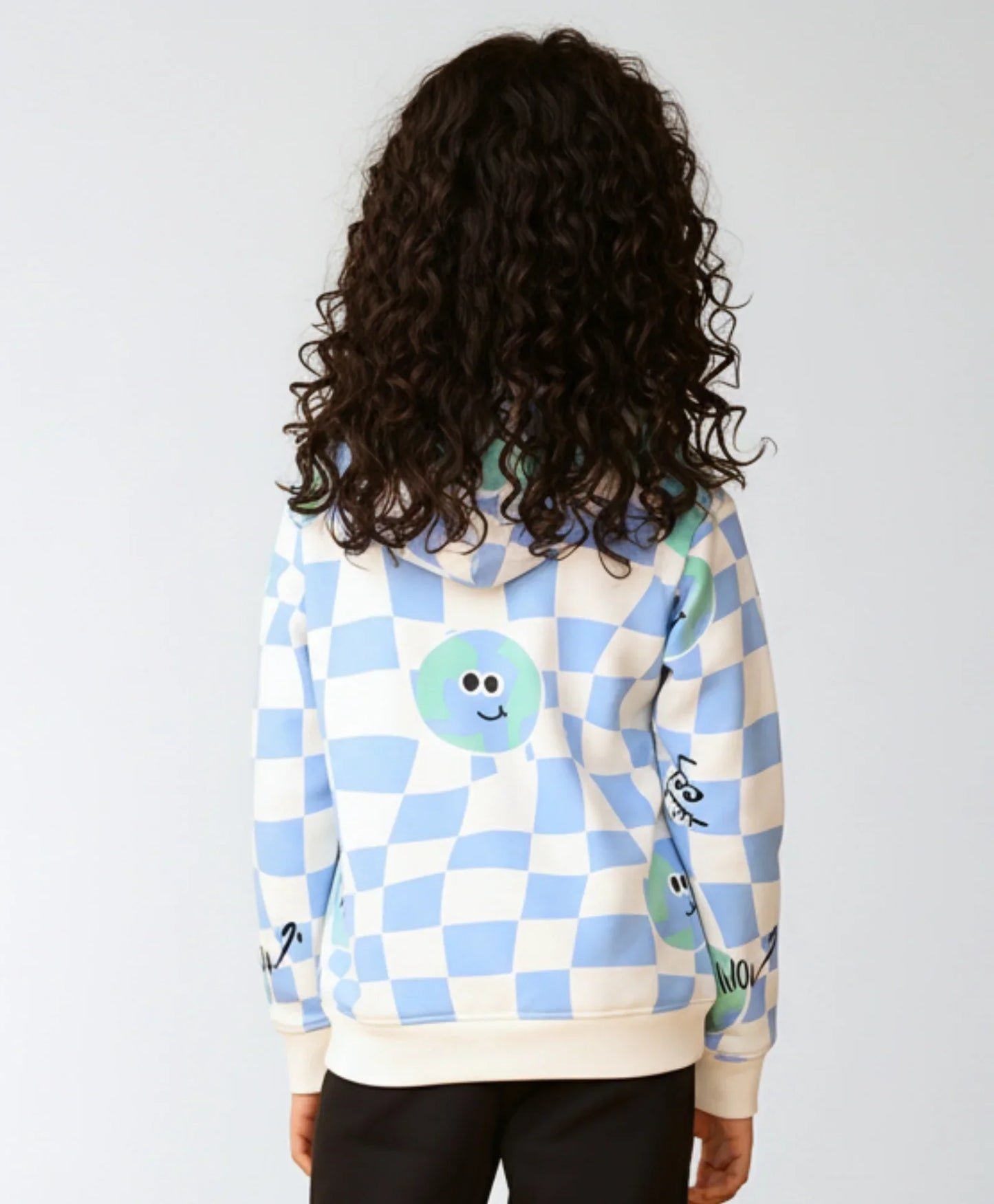 GLOBE CHECK GIRLS FLEECE HOODIE - BLUE