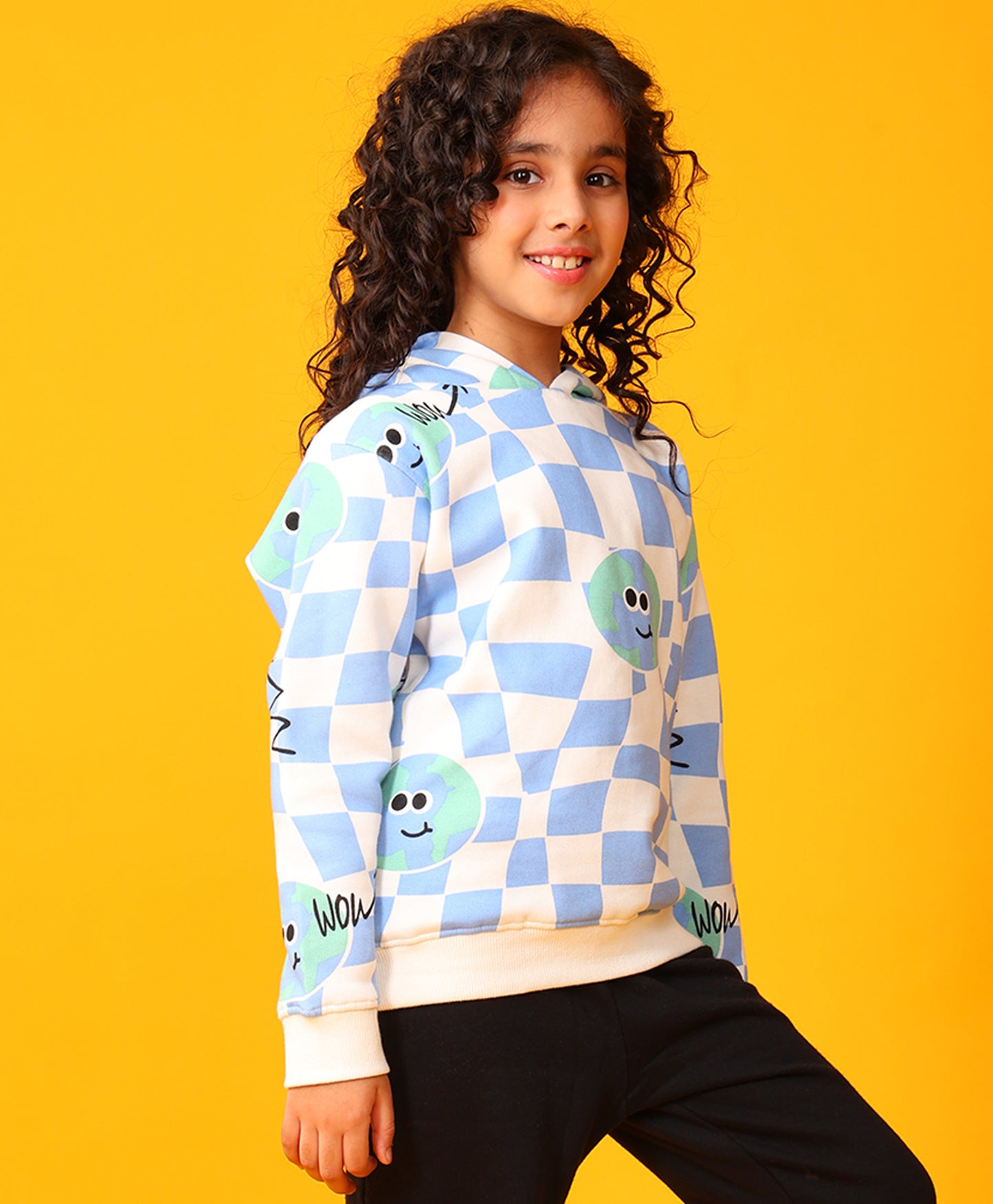GLOBE CHECK GIRLS FLEECE HOODIE - BLUE