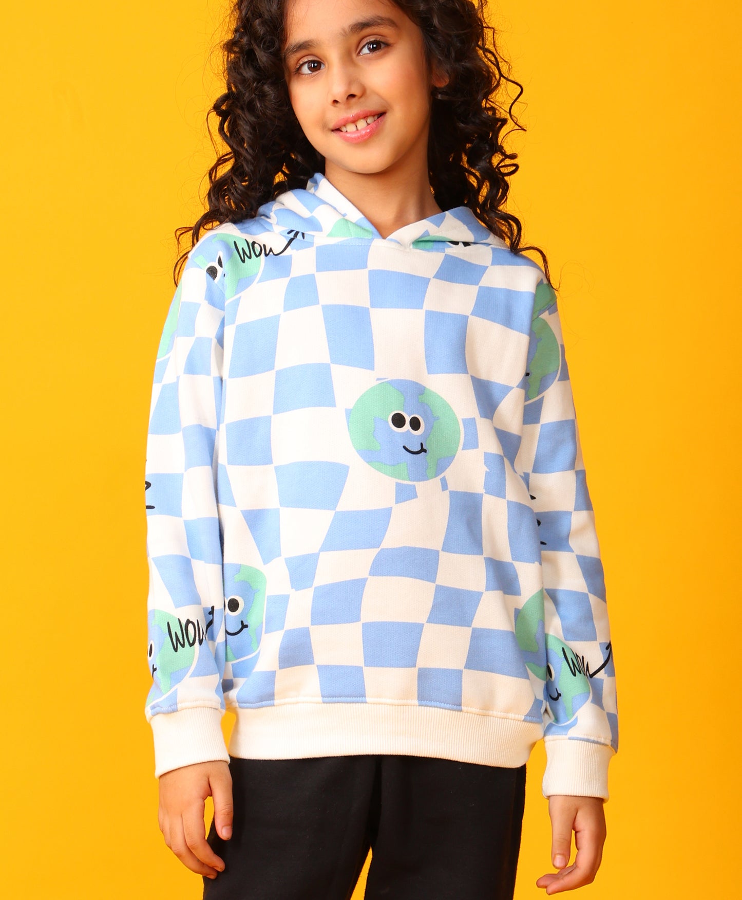 GLOBE CHECK GIRLS FLEECE HOODIE - BLUE