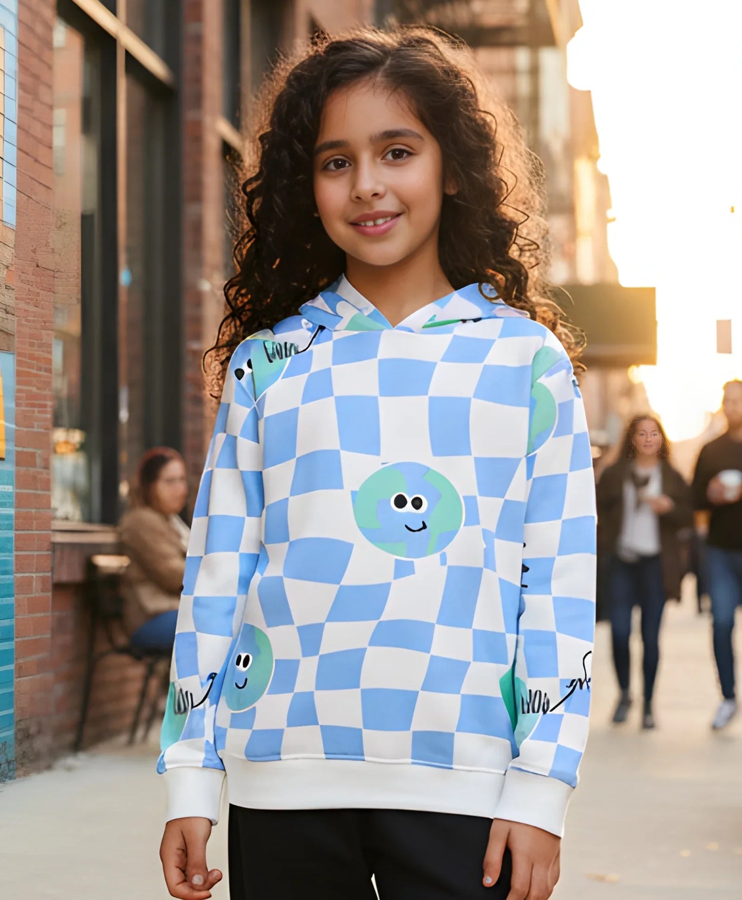 GLOBE CHECK GIRLS FLEECE HOODIE - BLUE