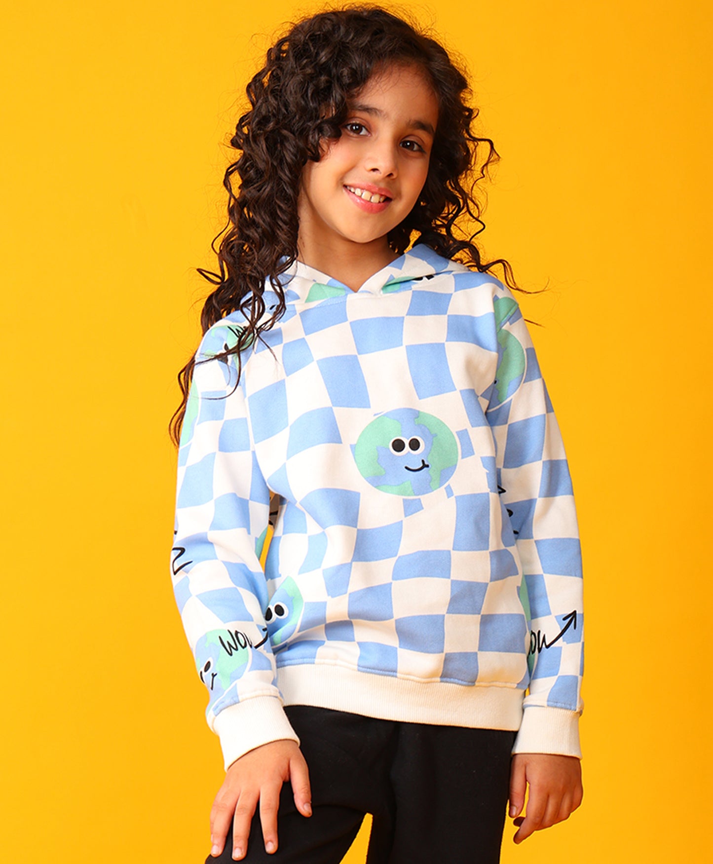 GLOBE CHECK GIRLS FLEECE HOODIE - BLUE