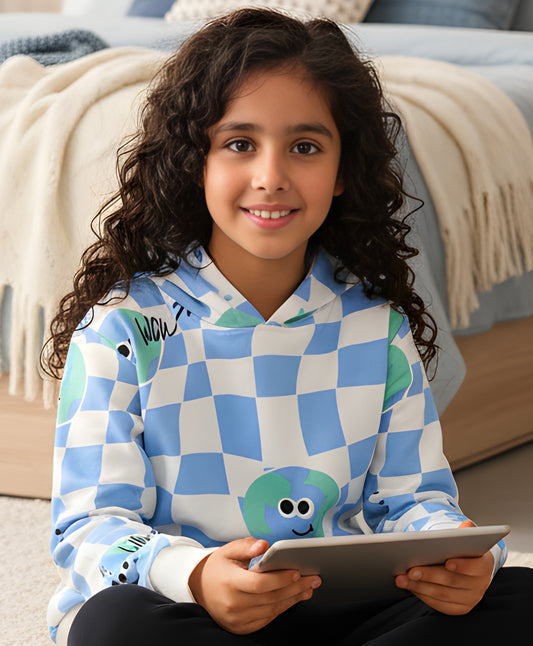 GLOBE CHECK GIRLS FLEECE HOODIE - BLUE