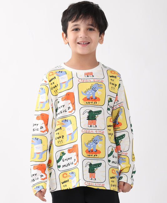DINOSAUR STAMP LONG SLEEVE BOYS T-SHIRT -OFF WHITE