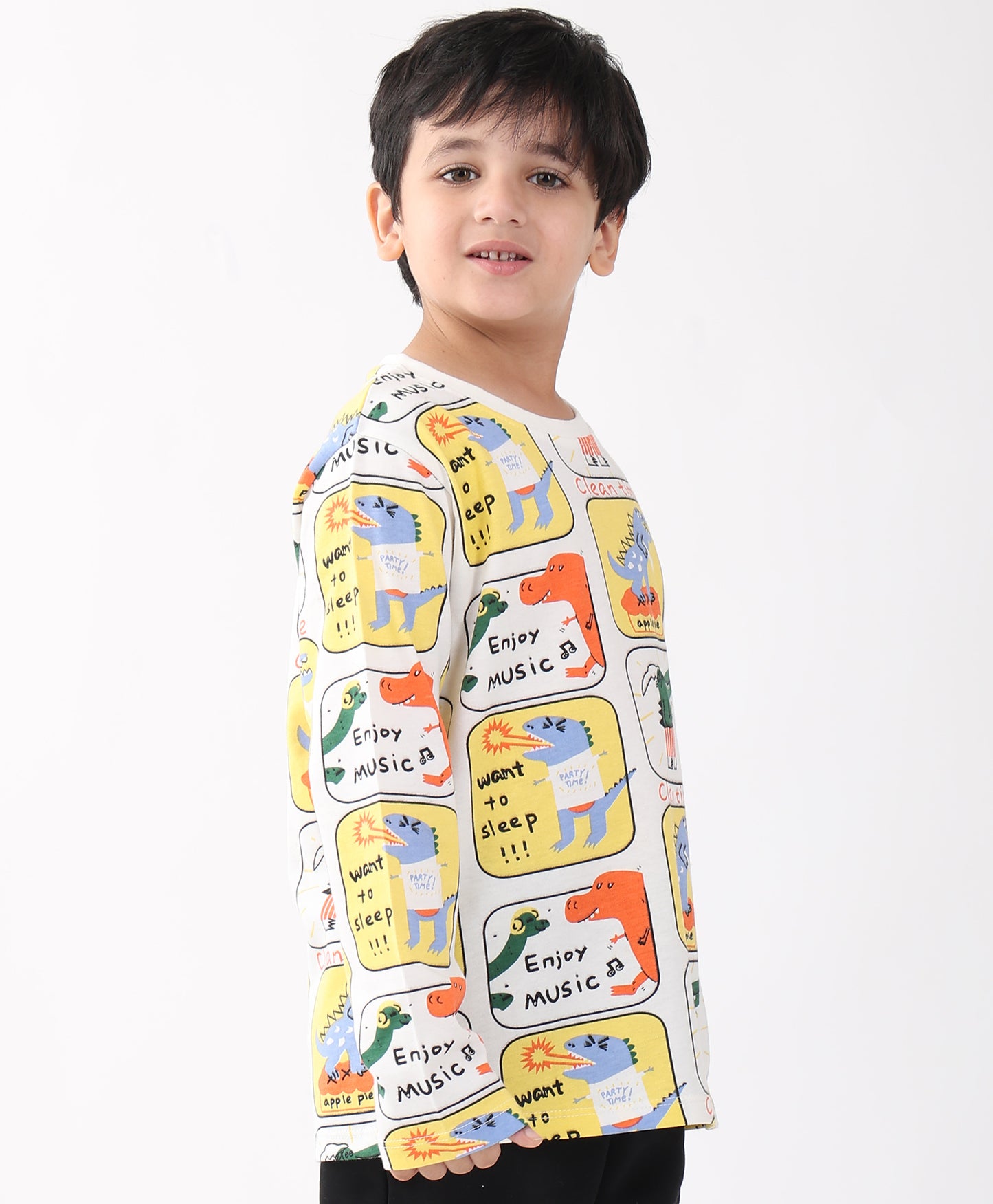 DINOSAUR STAMP LONG SLEEVE BOYS T-SHIRT -OFF WHITE