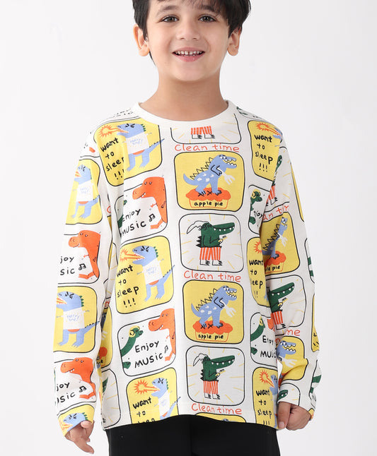 DINOSAUR STAMP LONG SLEEVE BOYS T-SHIRT -OFF WHITE